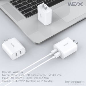 WEX V24 faltöltő, USB töltő, gyorstöltő, kettős port töltő